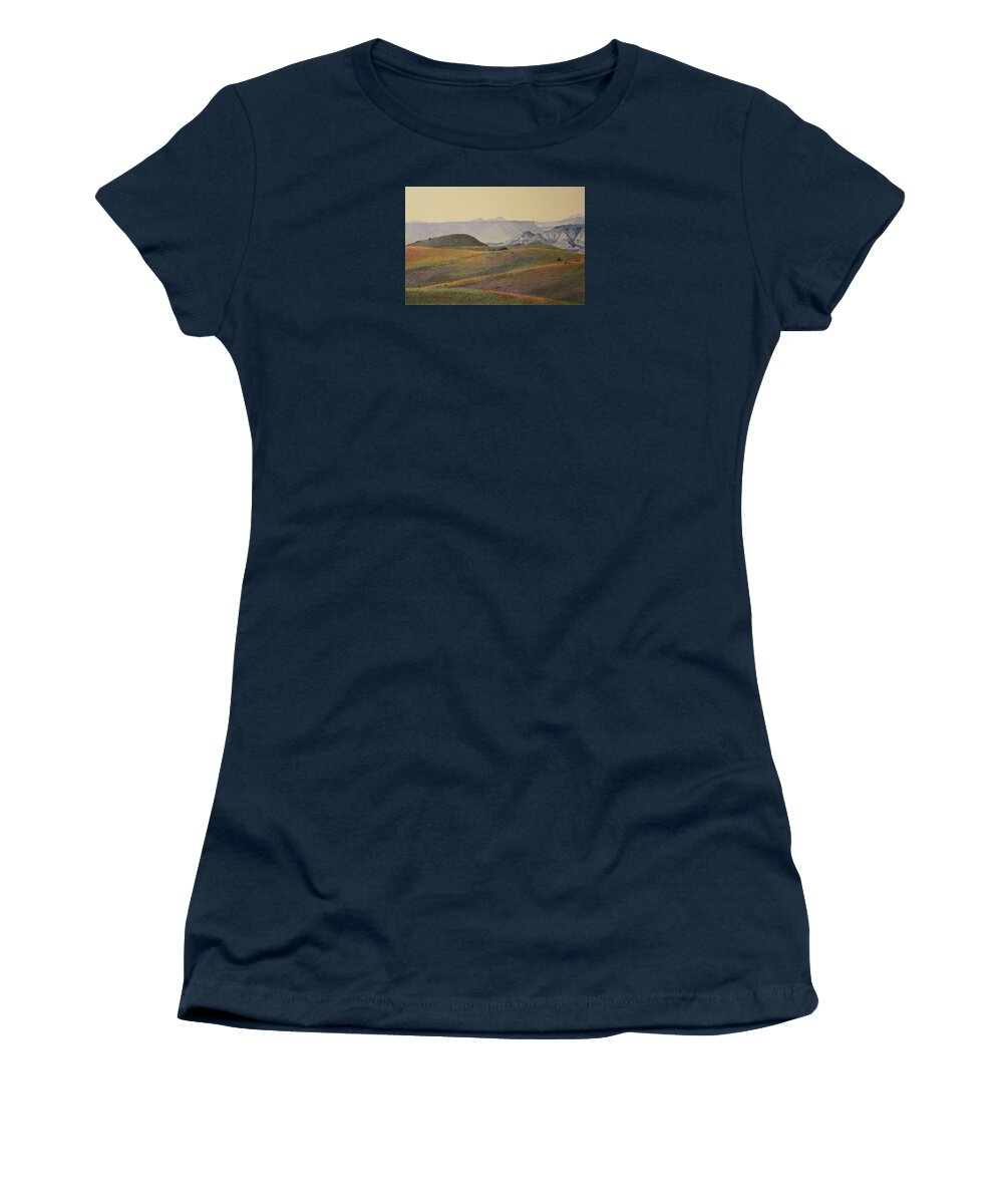 North Dakota Women's T-Shirt featuring the pastel Grasslands Badlands panel 2 by Cris Fulton