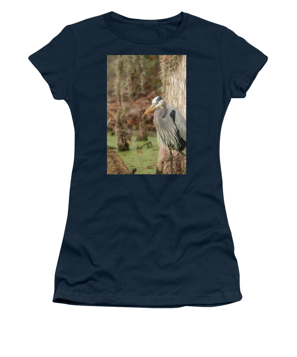 Great Blue Heron Women's T-Shirt featuring the photograph Great Blue Heron on Guard by Dorothy Cunningham