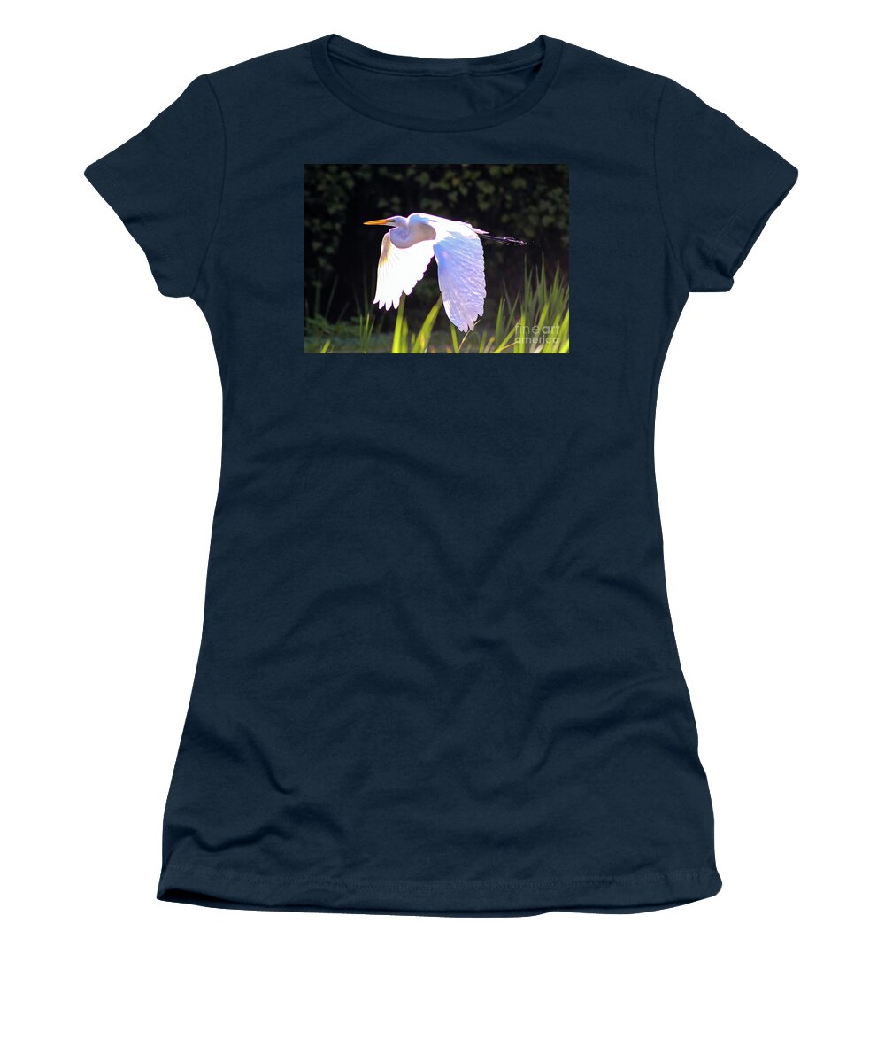 Nature Women's T-Shirt featuring the photograph Great Egret in Flight - Ardea Alba by DB Hayes