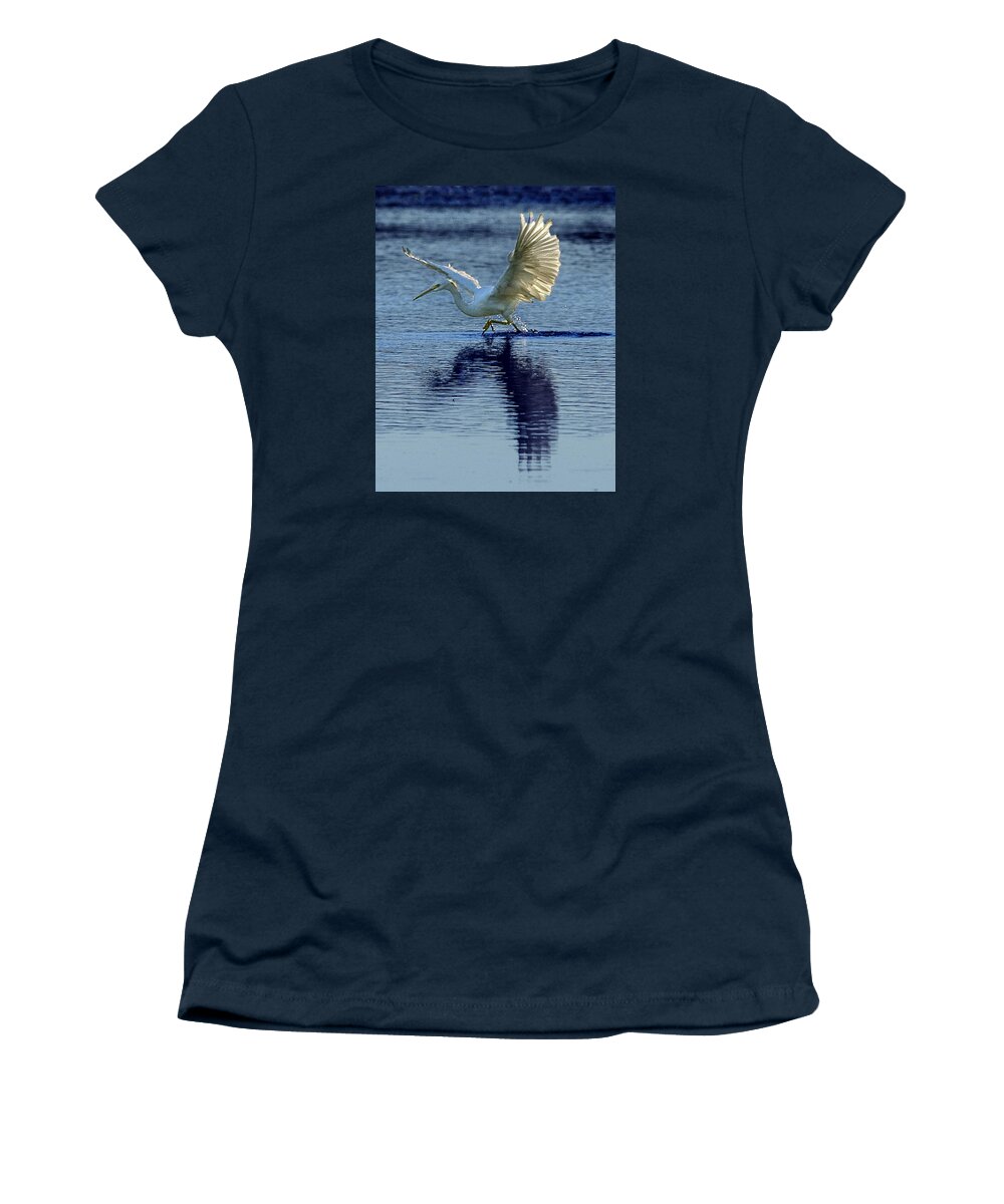 Bird Women's T-Shirt featuring the photograph Great Egret Running Through A Marsh by William Bitman