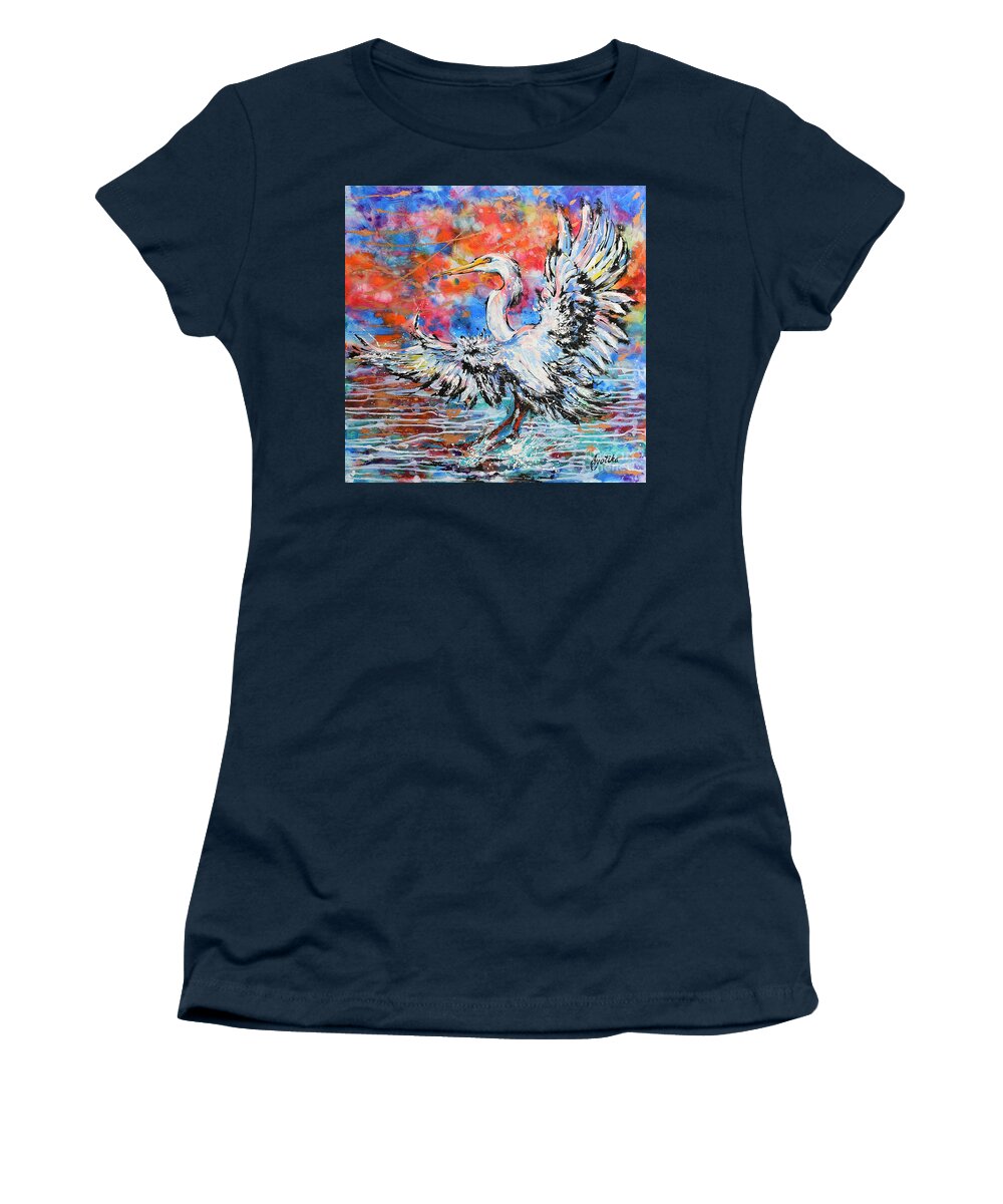  Women's T-Shirt featuring the painting Great Egret Sunset Glory by Jyotika Shroff