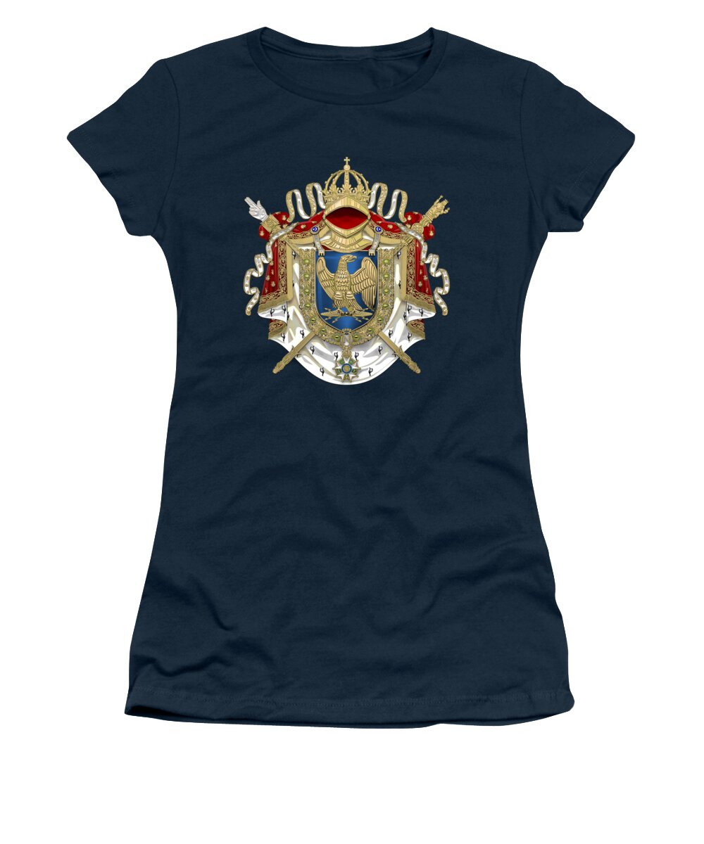 'napoleon Bonaparte' Collection By Serge Averbukh Women's T-Shirt featuring the digital art Greater Coat of Arms of the First French Empire over Blue Velvet by Serge Averbukh