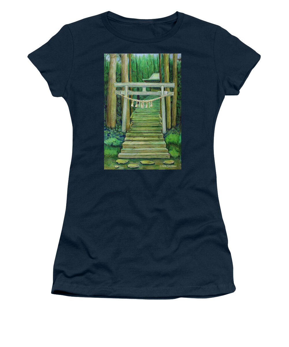 Green Japan Women's T-Shirt featuring the drawing Green Stairway by Tim Ernst