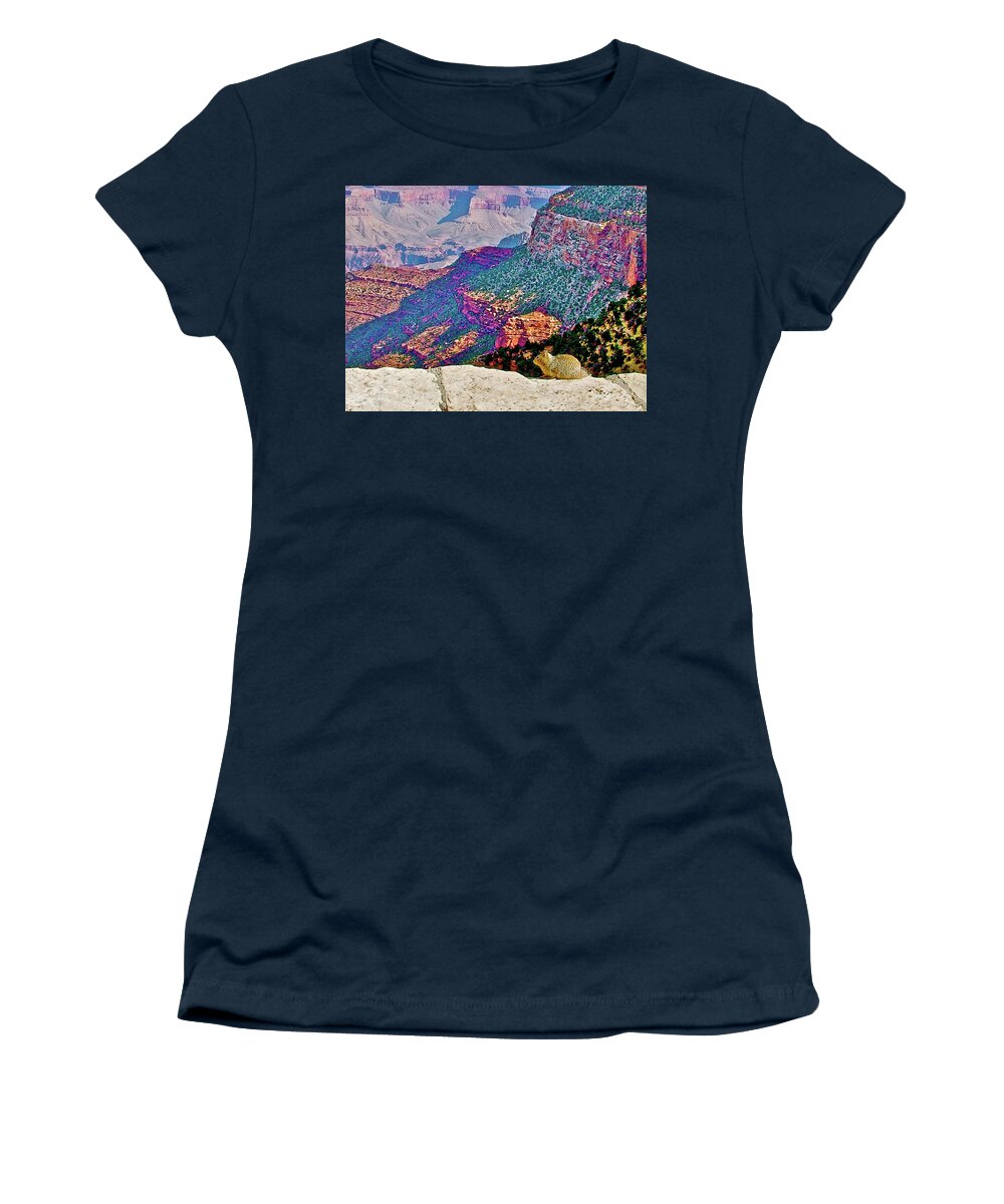 Ground Squirrel's View Into Grand Canyon In Front Of Bright Angel Lodge On South Rim Women's T-Shirt featuring the photograph Ground Squirrel's View into Grand Canyon in Front of Bright Angel Lodge on South Rim-Arizona by Ruth Hager