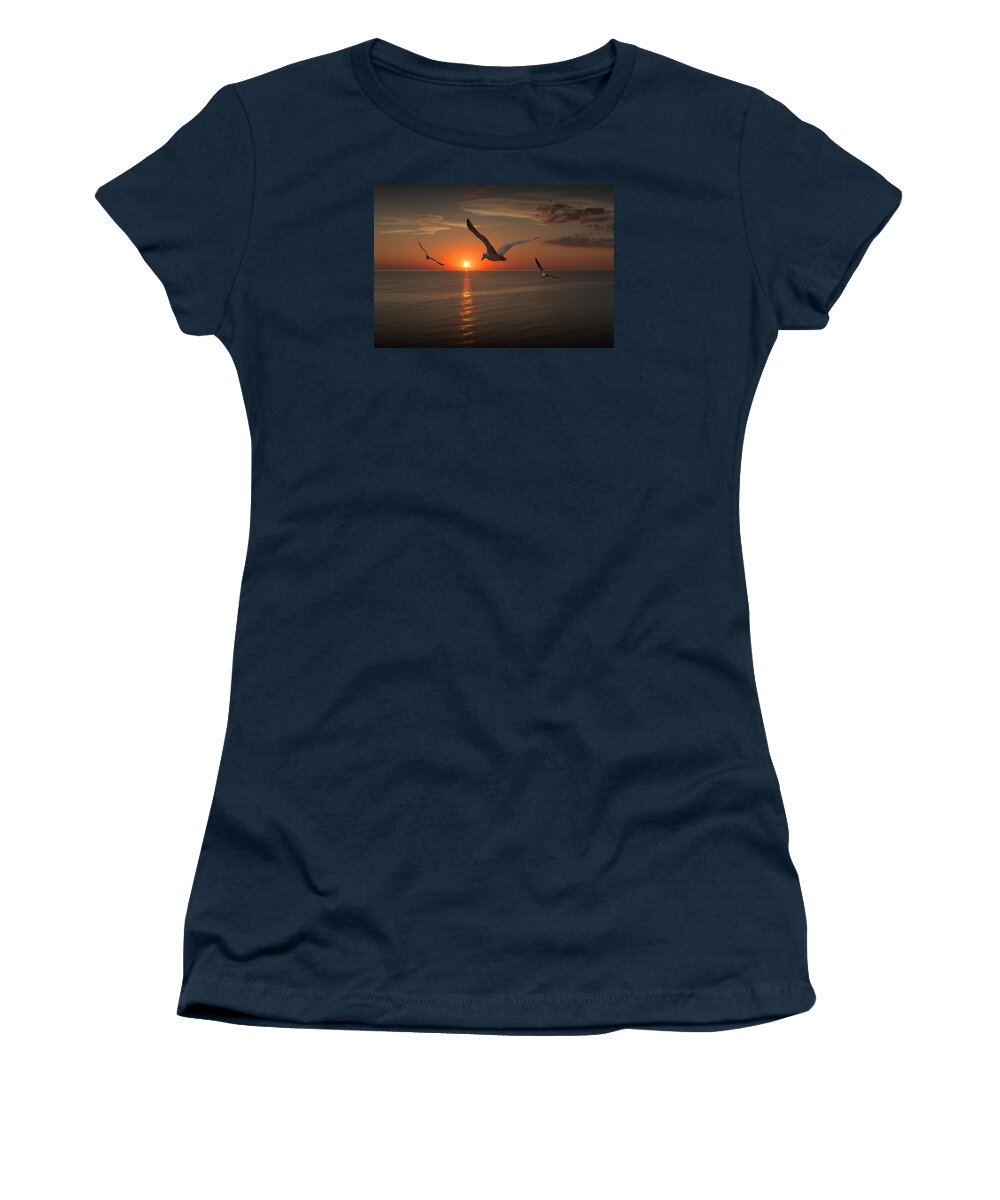Gull Women's T-Shirt featuring the photograph Gulls Flying towards the Sun by Randall Nyhof