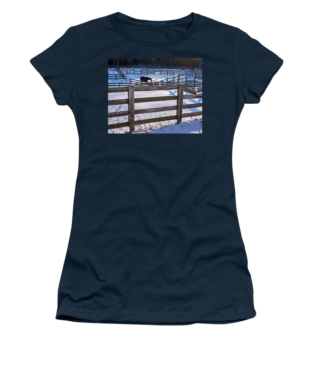 Hamilton Women's T-Shirt featuring the photograph Hamilton MA Equestrian Farm Blanket of Winter Snow Fences by Toby McGuire