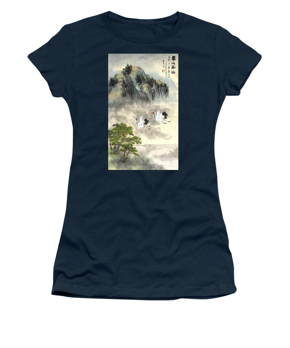 Cranes Women's T-Shirt featuring the painting Happy birthday by Betty M M Wong