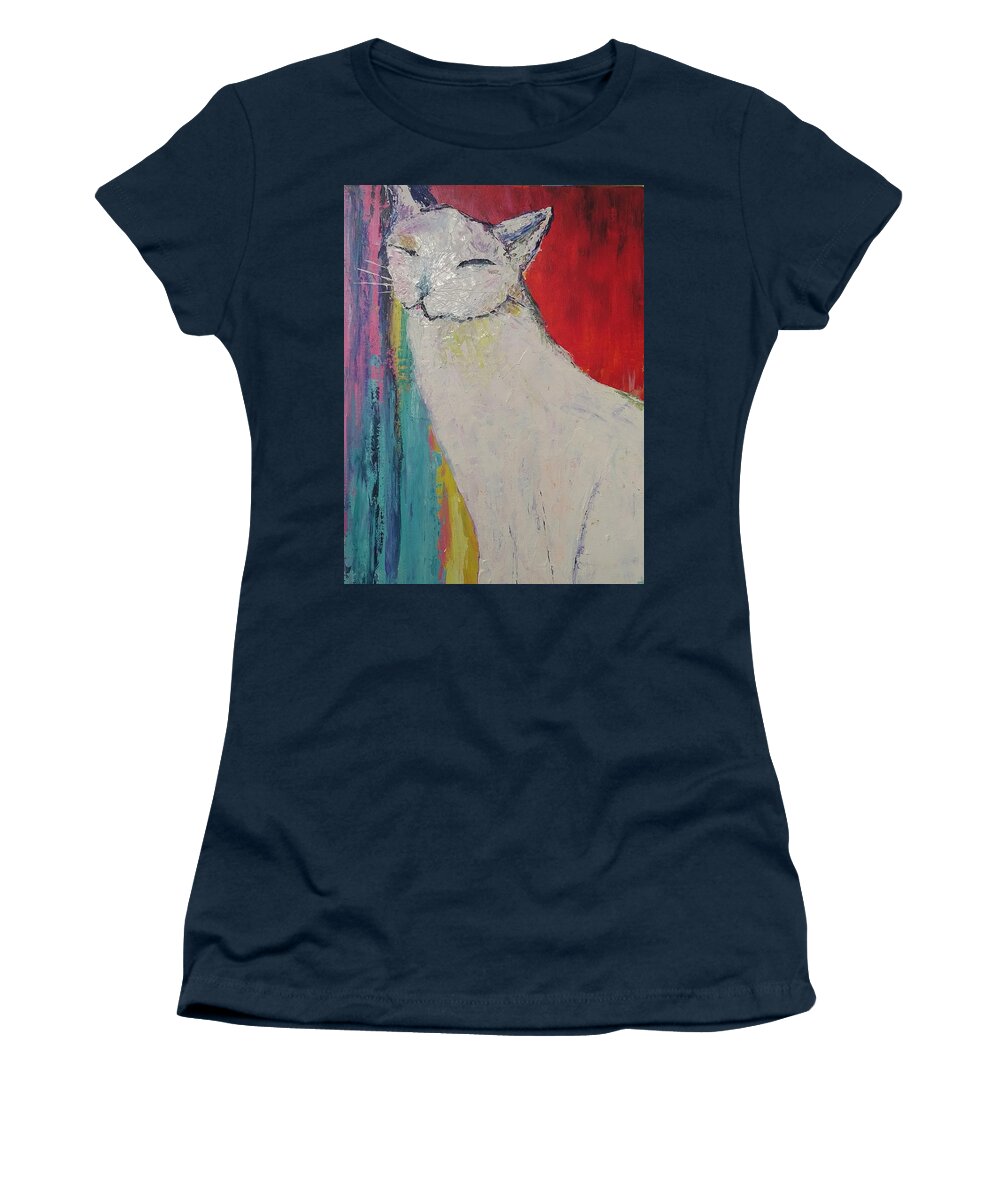 White Cat Women's T-Shirt featuring the painting Happy Cat by Lynne McQueen