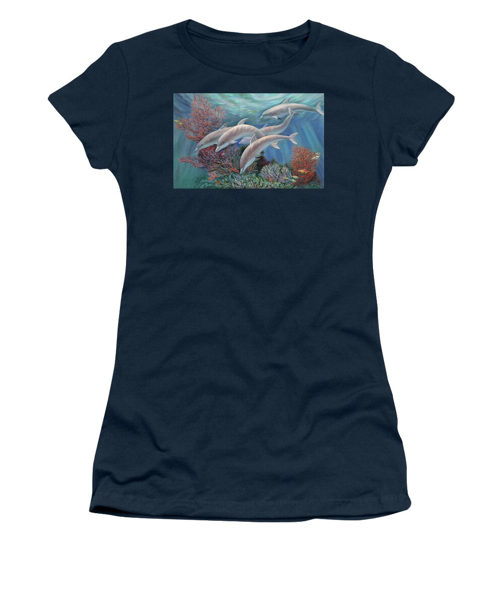 Dolphin Women's T-Shirt featuring the painting Happy Family - Dolphins Are Awesome by Svitozar Nenyuk