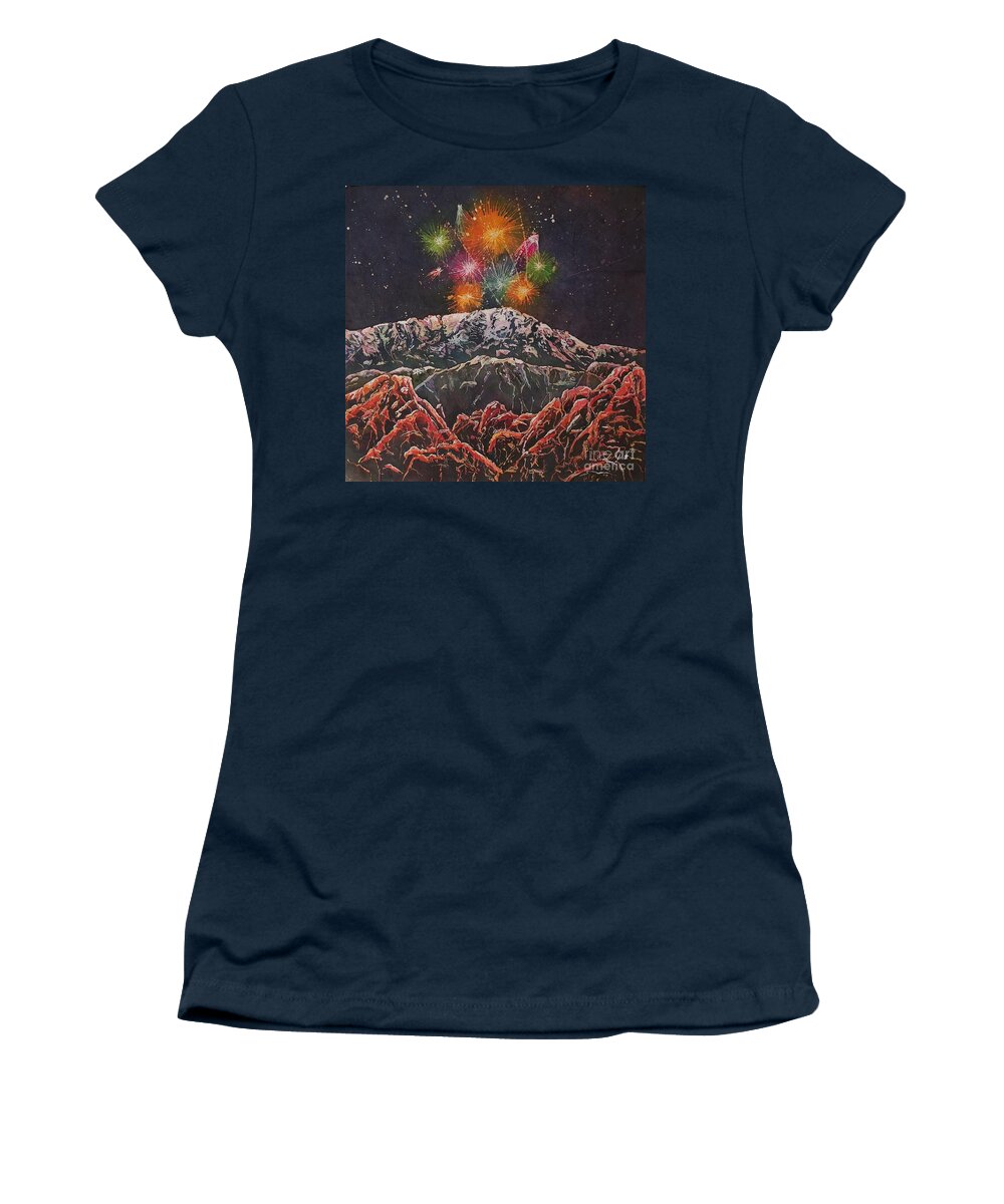 Fireworks Women's T-Shirt featuring the mixed media Happy New Year From America's Mountain by Carol Losinski Naylor