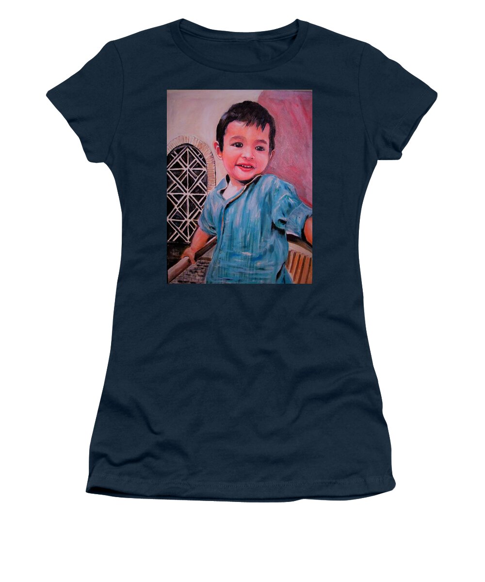 Boy Women's T-Shirt featuring the painting Harmain by Khalid Saeed