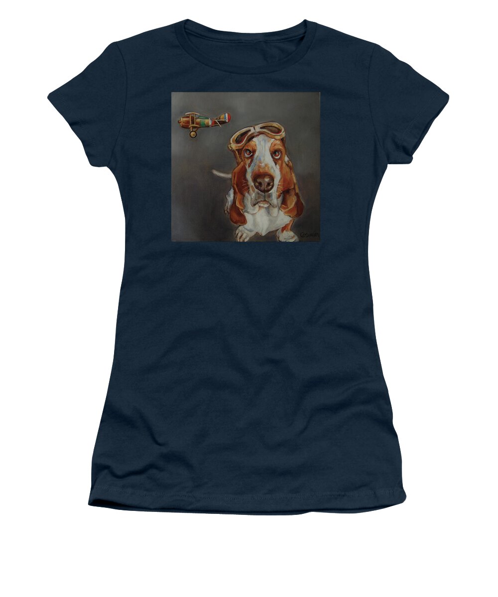 Basset Women's T-Shirt featuring the painting He Wondered Who Was Flying the Plane by Jean Cormier