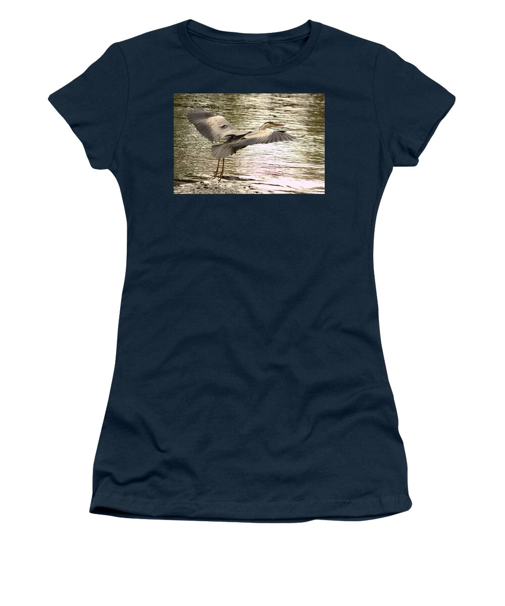 Beautiful Women's T-Shirt featuring the photograph Heron In Flight by Adrian Wale