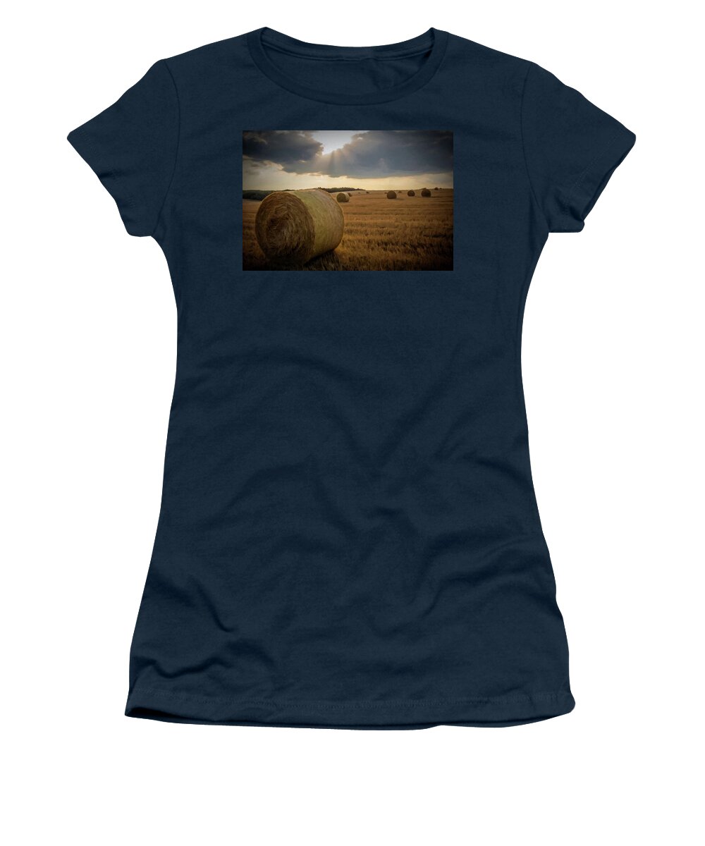 Field Women's T-Shirt featuring the photograph Hey Bales and Sun Rays by David Dehner