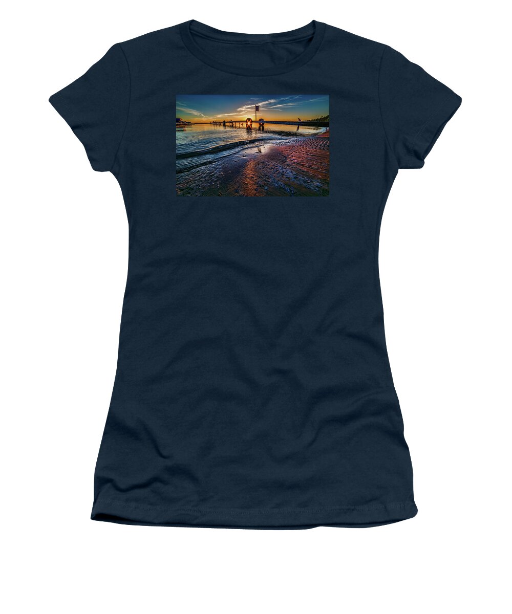 Sunflare Women's T-Shirt featuring the photograph Higgins Lake Maplehurst Dock Sunflare by Joe Holley