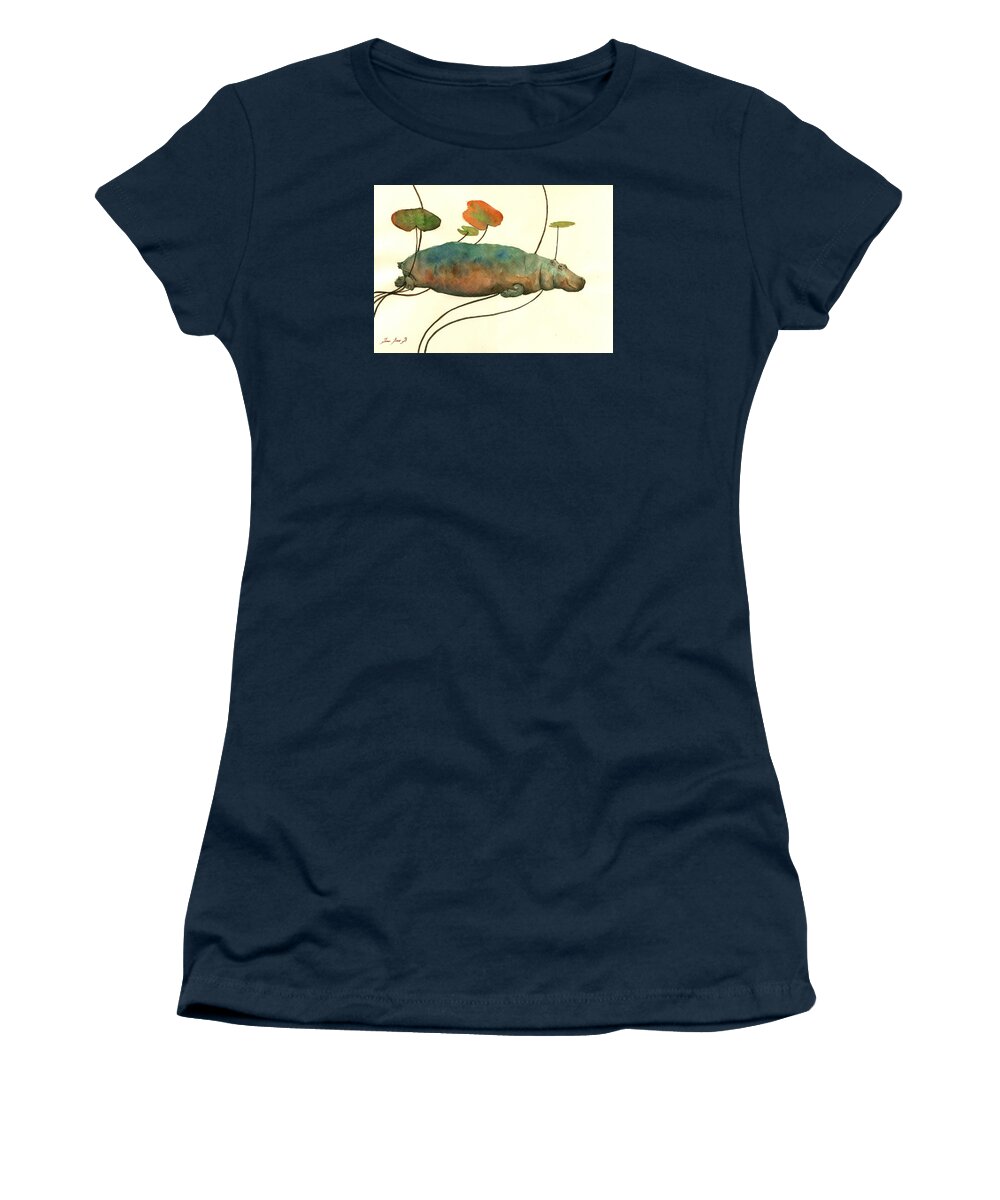 Hippo Women's T-Shirt featuring the painting HIppo swimming with water lilies by Juan Bosco