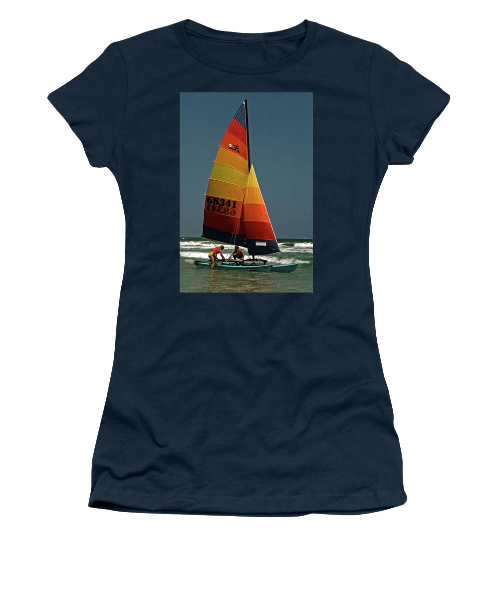 2 Men Board Small Catamaran Sailboat Women's T-Shirt featuring the photograph Hobie Cat in Surf by Sally Weigand