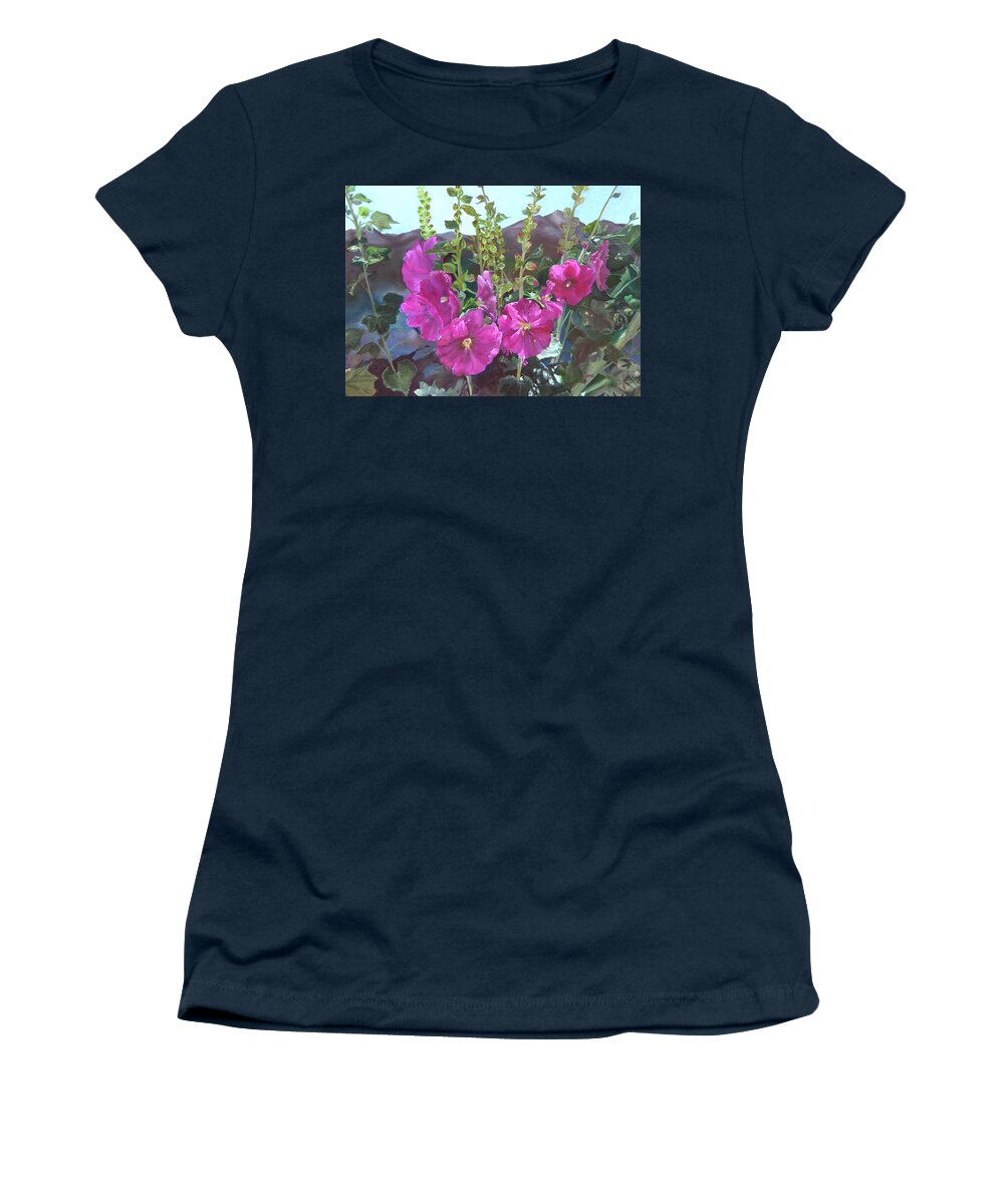 Hollyhocks Women's T-Shirt featuring the painting Hollyhock Necklace by Nila Jane Autry