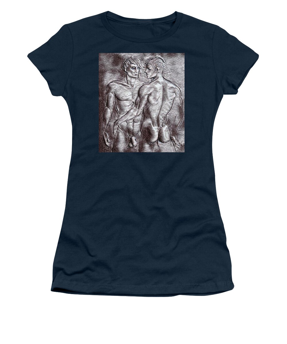 Homoerotic Drawing Two Women's T-Shirt featuring the drawing Homoerotic Drawing Two by Pd