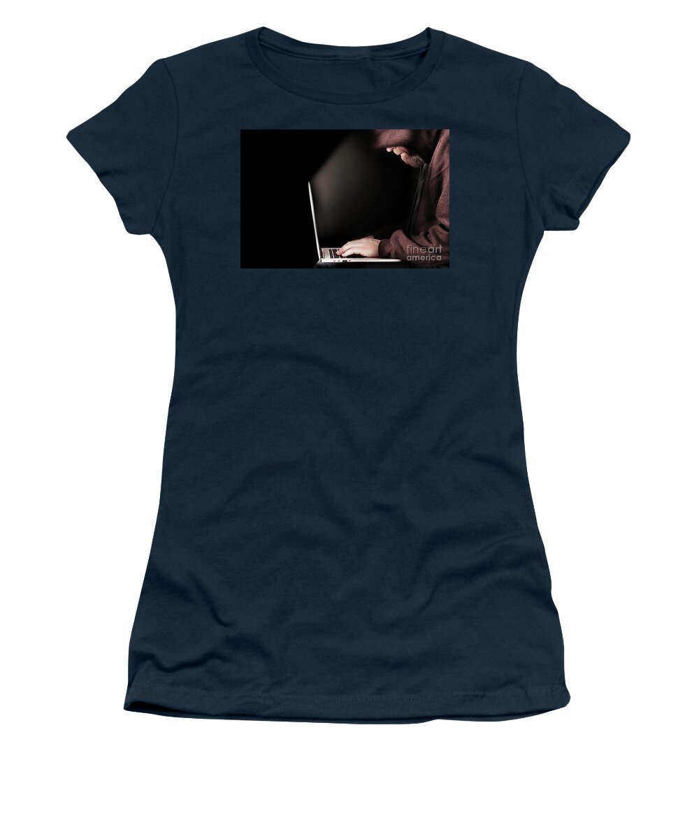Computer Women's T-Shirt featuring the photograph Hooded computer hacker using laptop by Simon Bratt