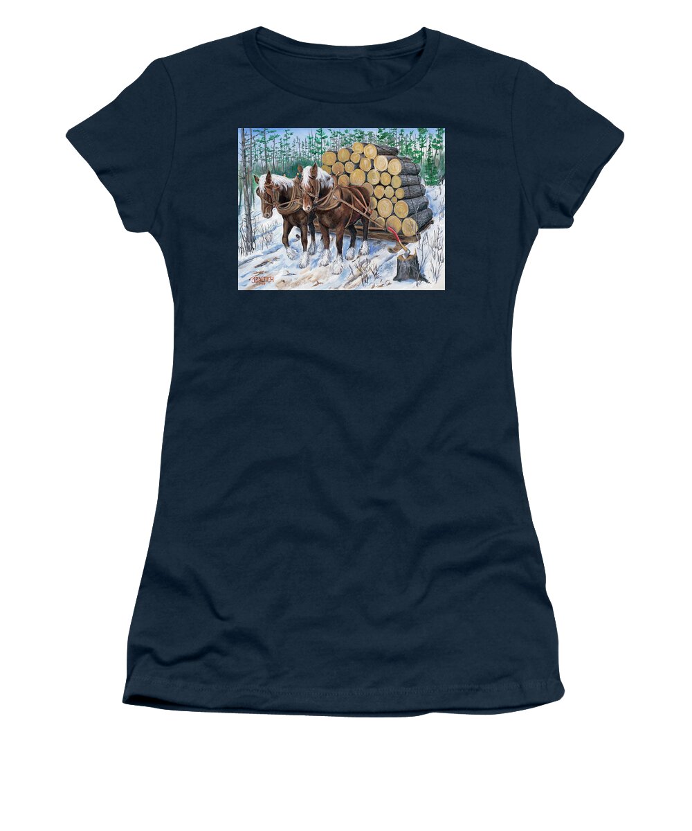 Logging Women's T-Shirt featuring the painting Horse Log Team by Joe Baltich