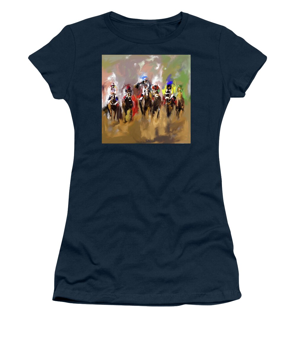 Horses Women's T-Shirt featuring the painting Horse Race I by Mawra Tahreem