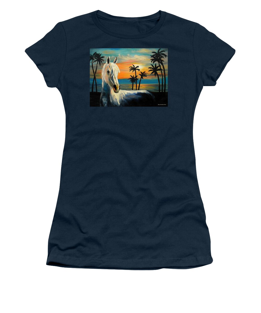 Horse Women's T-Shirt featuring the painting Horses in Paradise TELL ME YOUR DREAM by Gina De Gorna