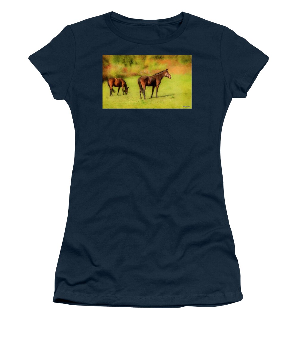 Horse Women's T-Shirt featuring the digital art Horses in the Pasture by Ken Morris