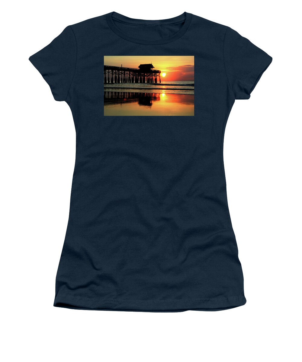 Cocoa Beach Pier Women's T-Shirt featuring the photograph Hot Sunrise Over Cocoa Beach Pier by Carol Montoya