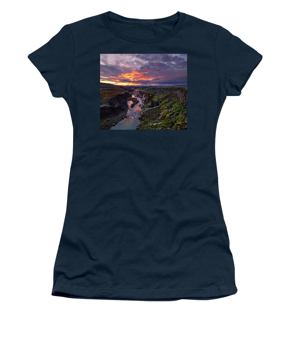 Iceland Women's T-Shirt featuring the photograph Sunrise explodes at Hrauneyjafoss by Usha Peddamatham