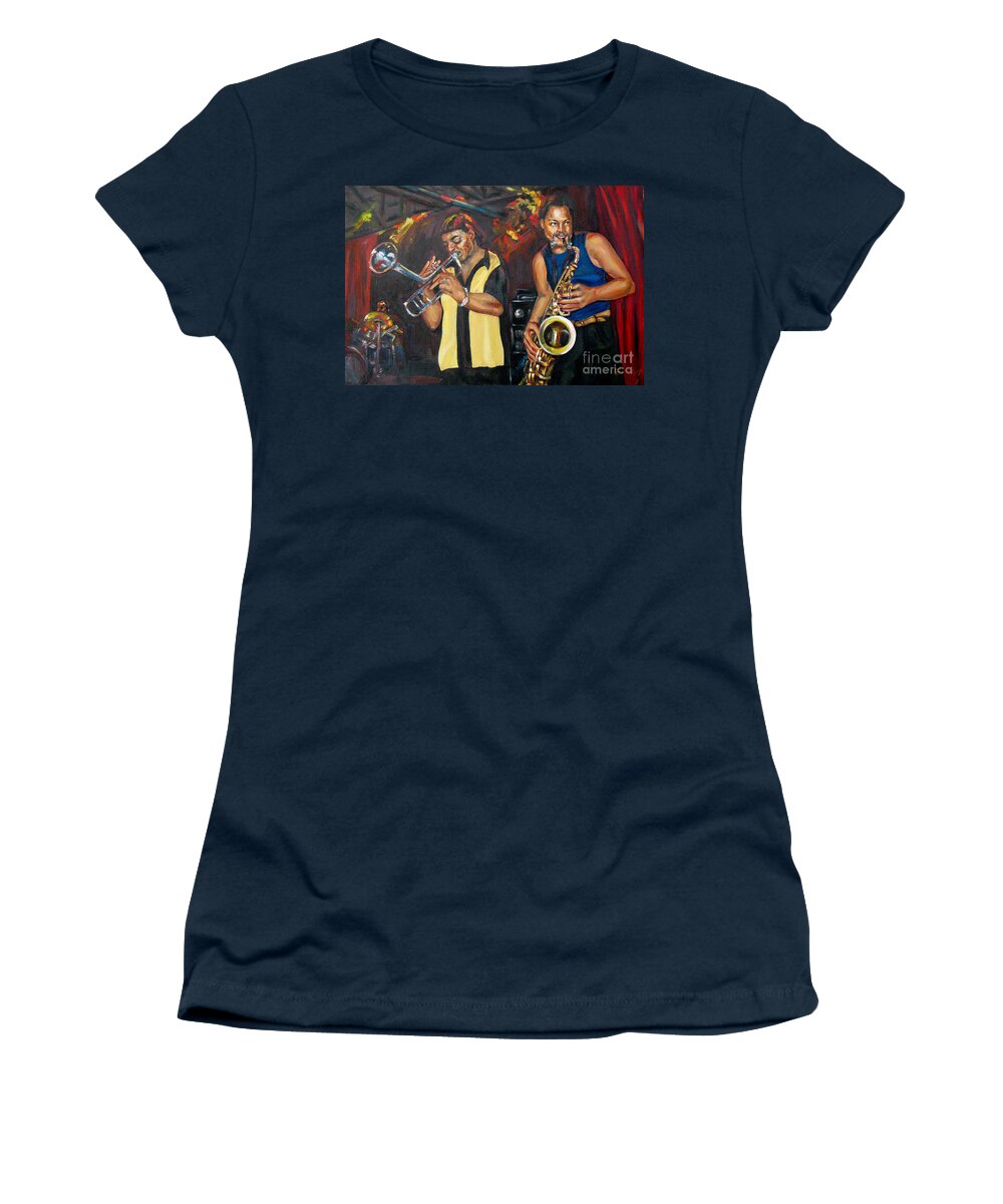 Musician Women's T-Shirt featuring the painting Hud N Lew/ The DaddyO Brothers by Beverly Boulet