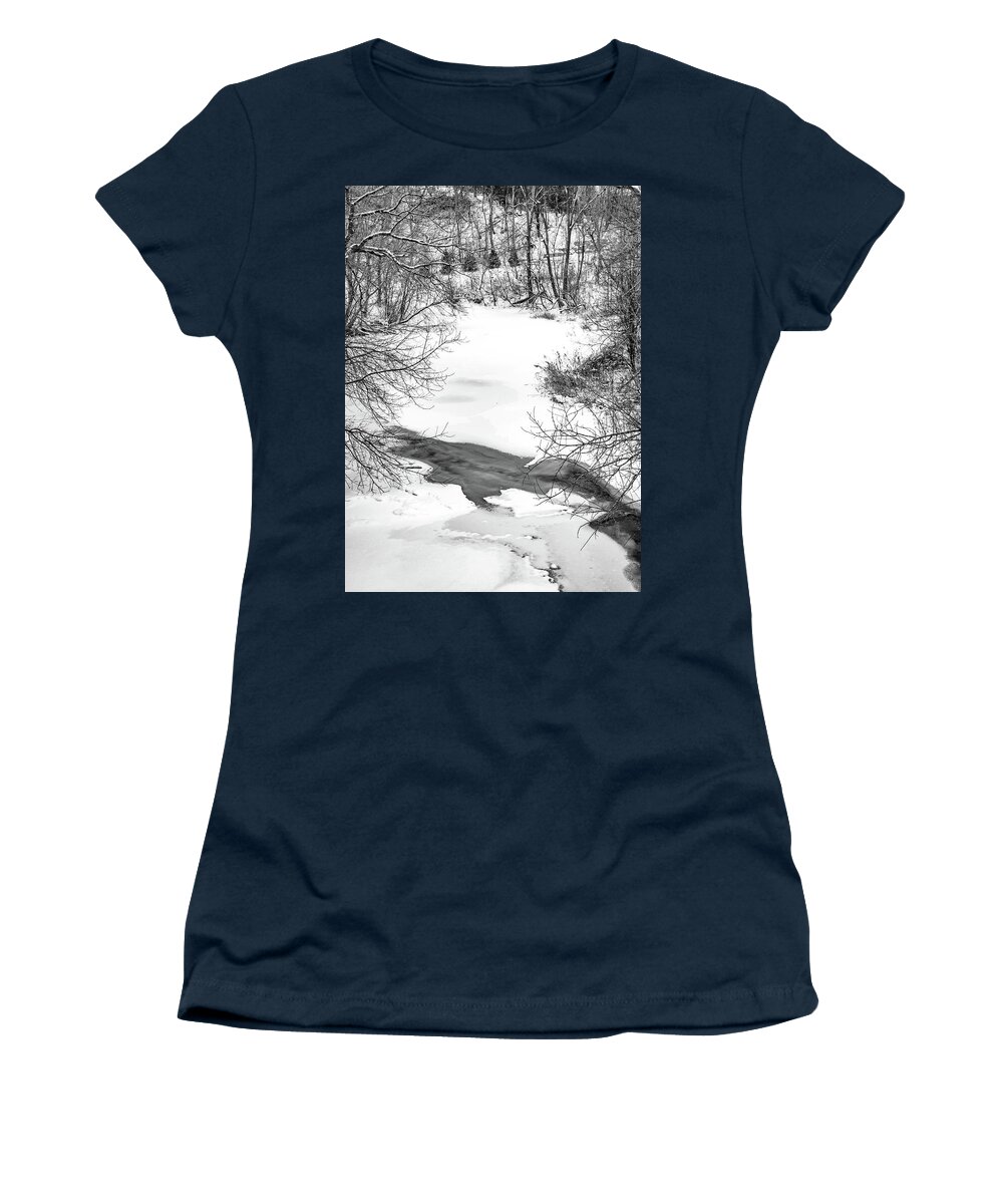 Steve Harrington Women's T-Shirt featuring the photograph Humber River - Winter Moods 2 bw by Steve Harrington