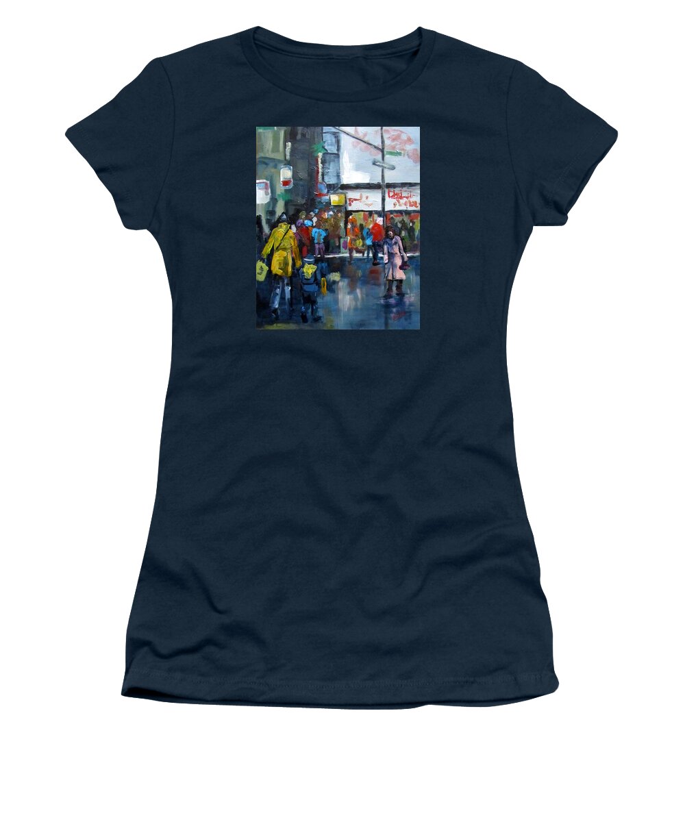 City Women's T-Shirt featuring the painting Hurry by Barbara O'Toole