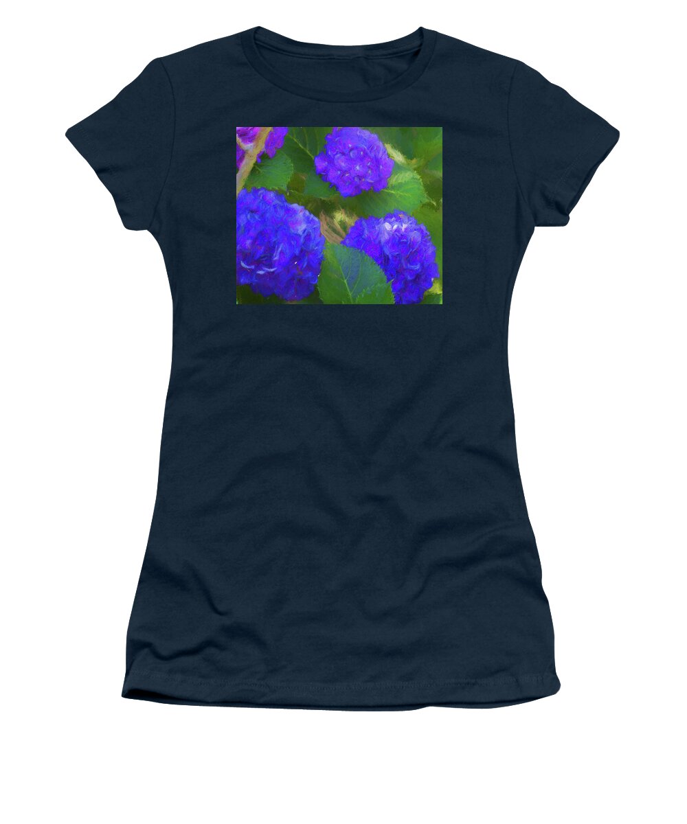 Purple Women's T-Shirt featuring the photograph Hydrangeas in Purple by Kathy Clark