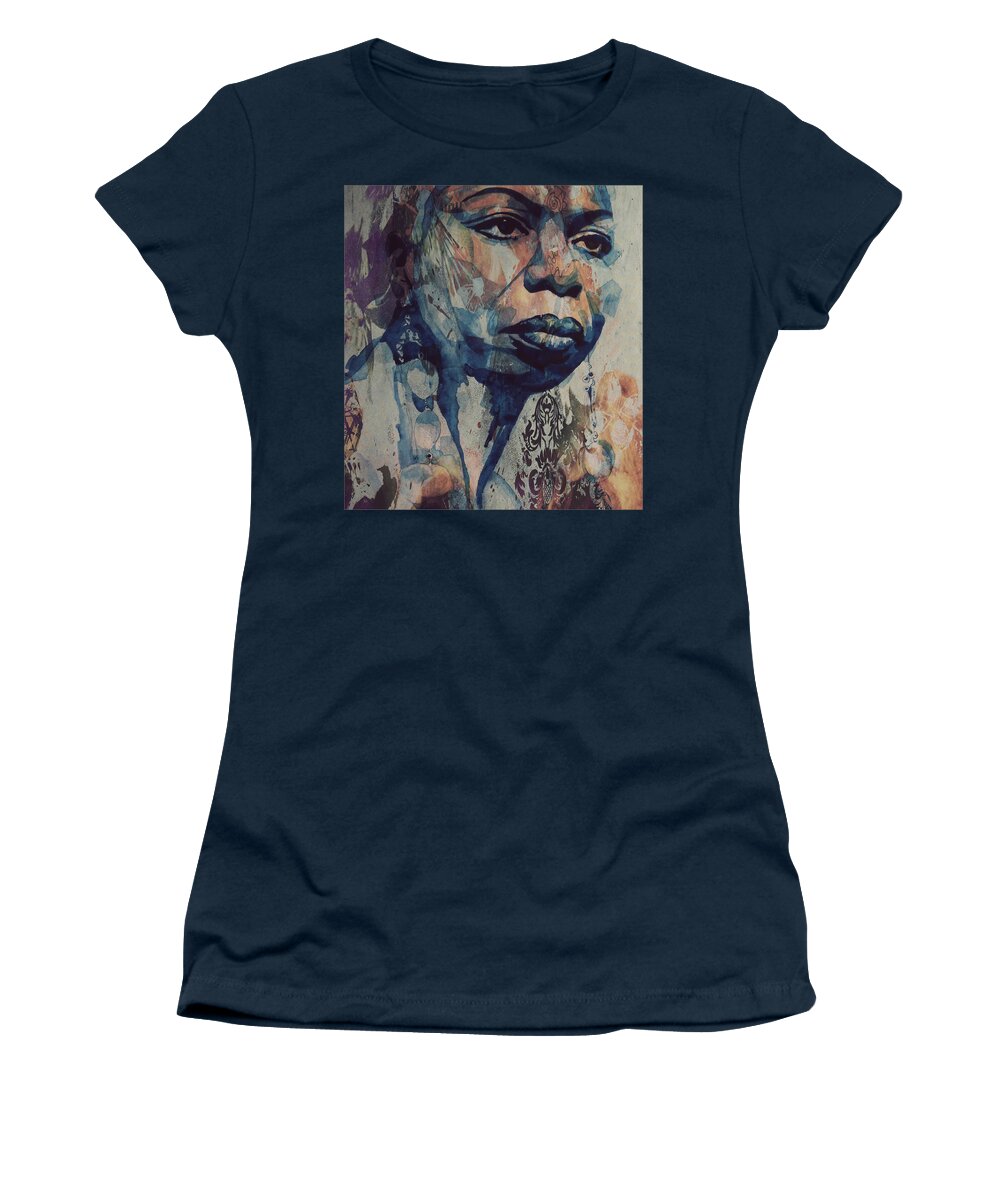 Nina Simone Women's T-Shirt featuring the mixed media I Wish I Knew How It Would Be Feel To Be Free by Paul Lovering