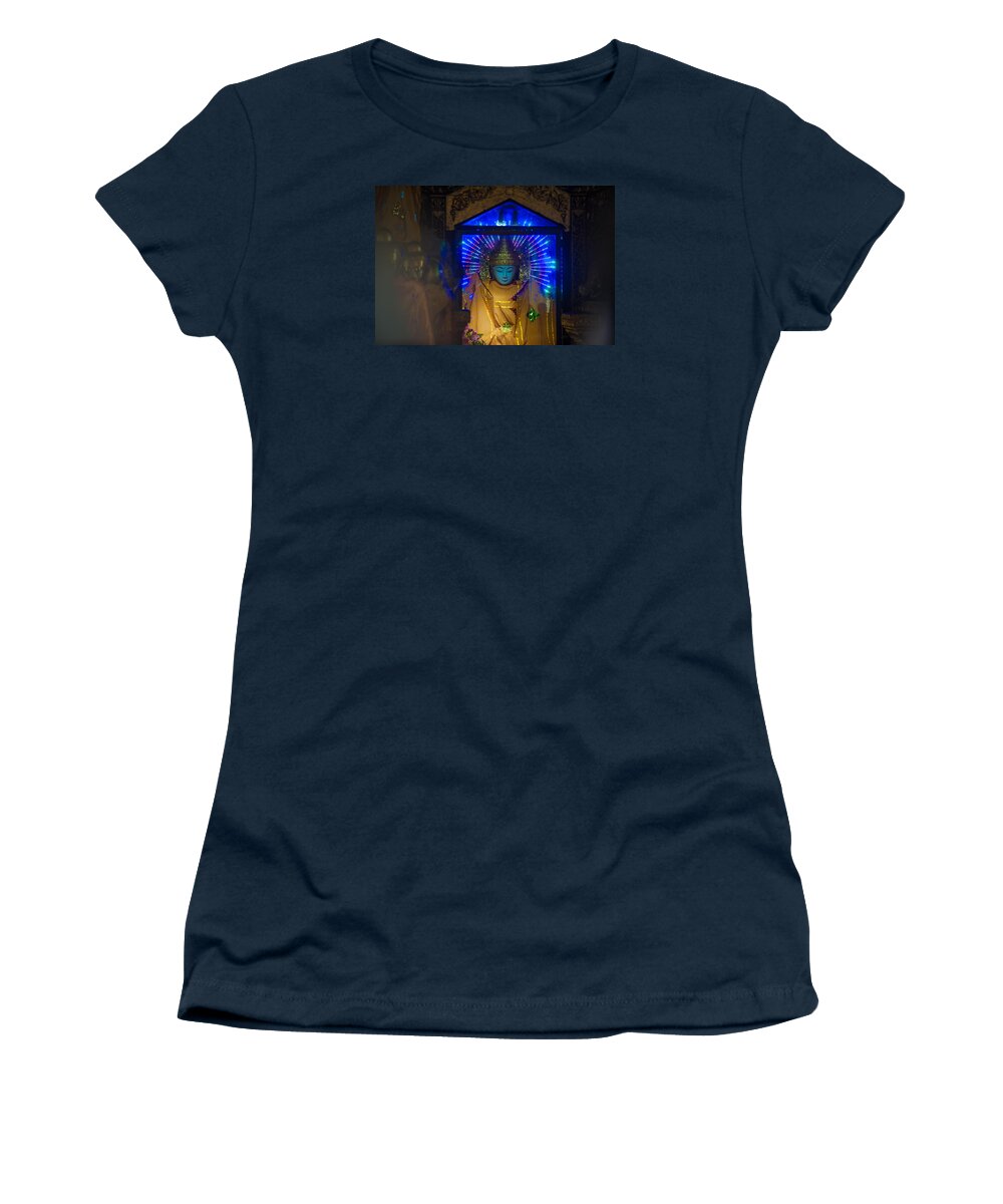 Burma Women's T-Shirt featuring the photograph Illuminated Buddha statue Swedagon Pagoda by Judith Barath