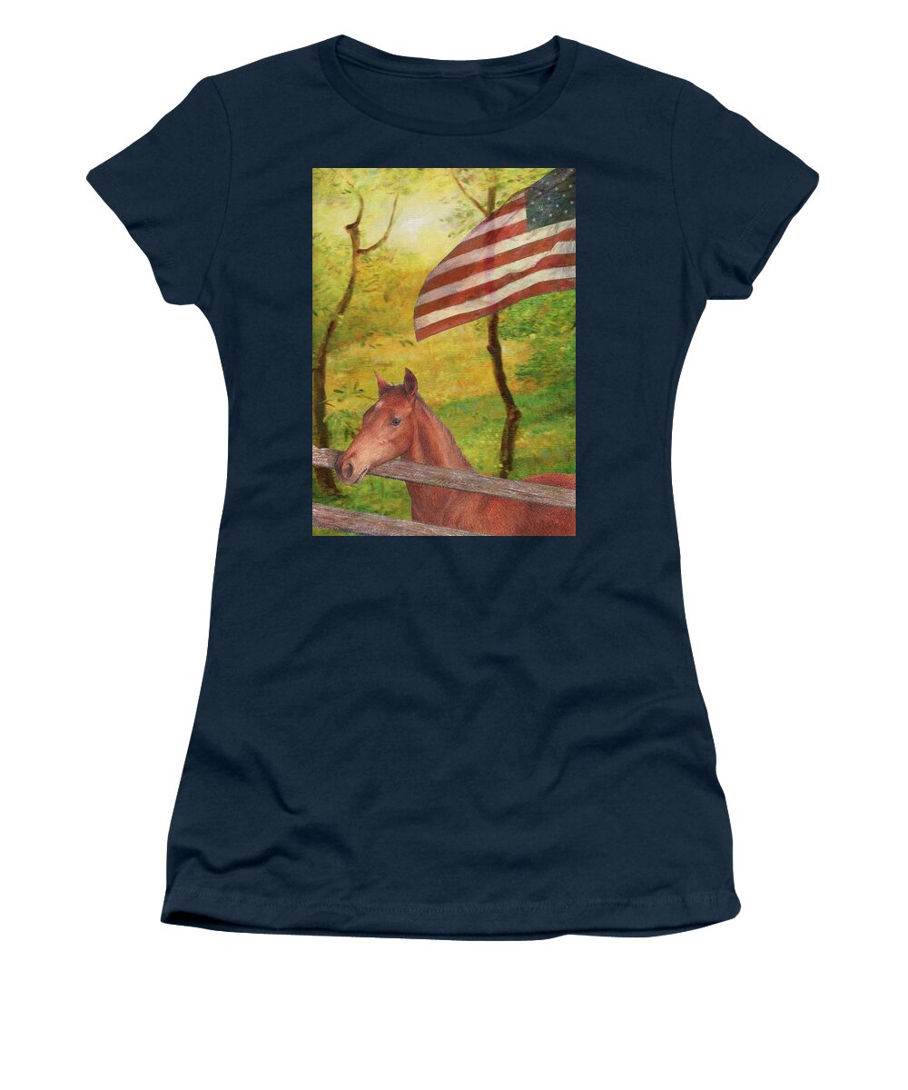 Illustrated Horse Women's T-Shirt featuring the painting Illustrated Horse in golden meadow by Judith Cheng