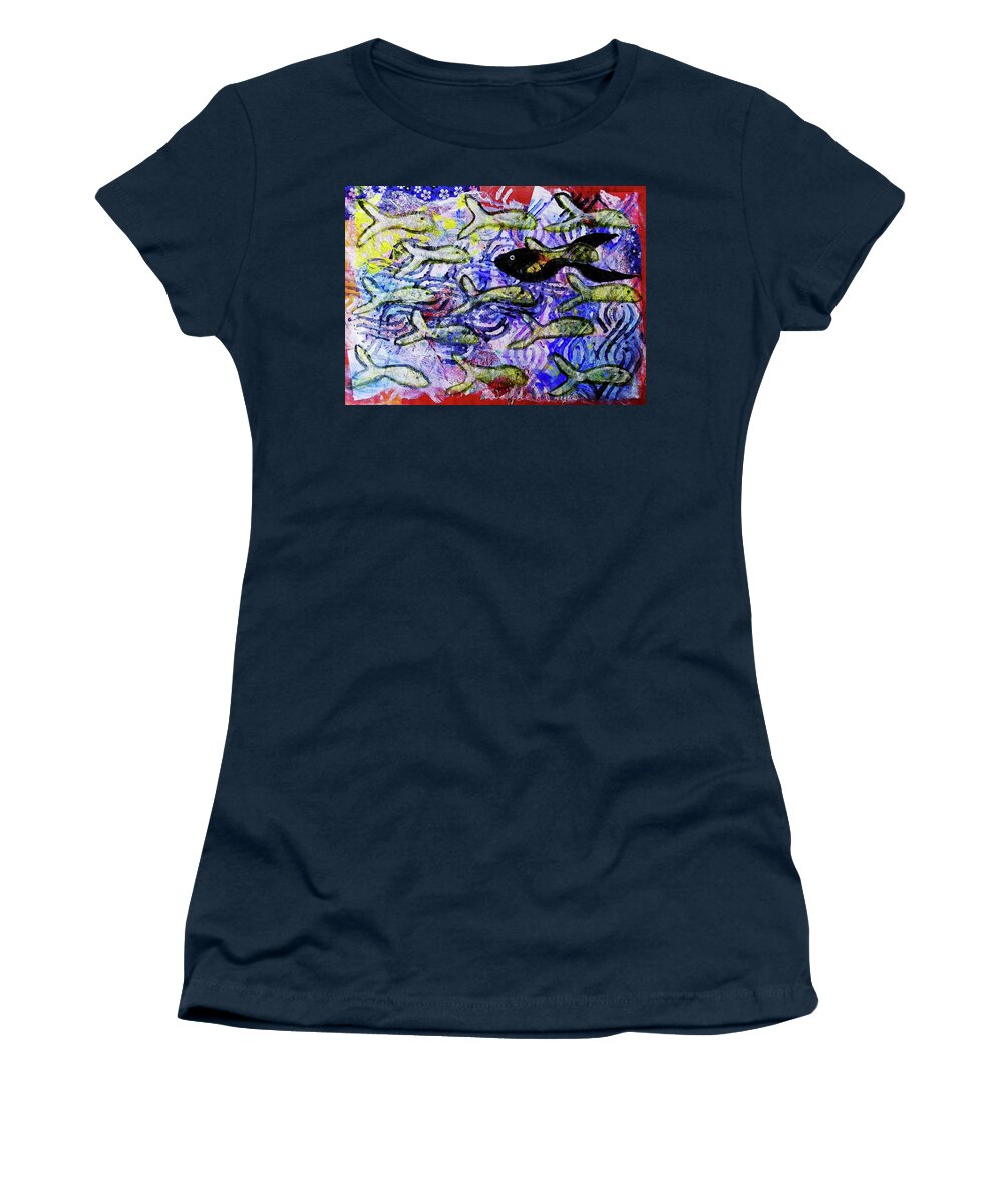 Fish Women's T-Shirt featuring the mixed media I'm The Black Fish Of The Family by Mimulux Patricia No