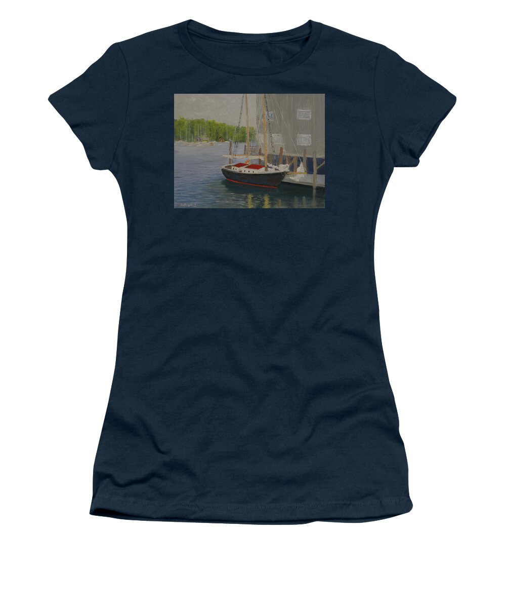 Sailboat Harbor Ocean Sea Dock Marina Women's T-Shirt featuring the painting In Port by Scott W White