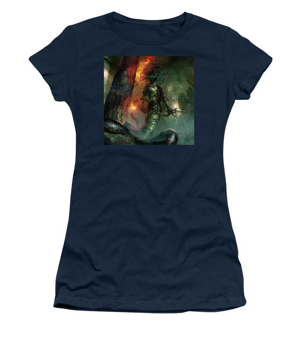 Gorgon Women's T-Shirt featuring the digital art In the Lair of the Gorgon by Ryan Barger