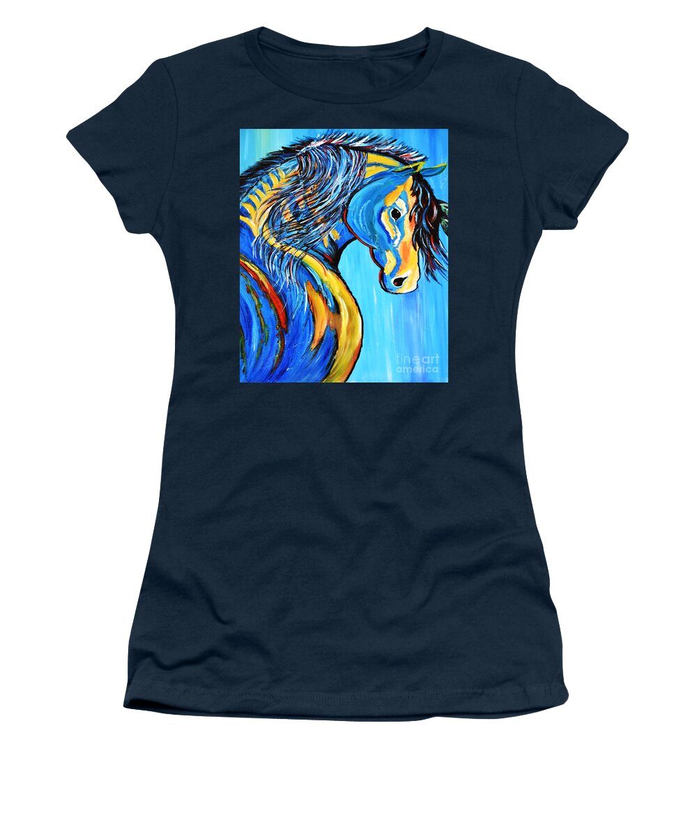 Horse Women's T-Shirt featuring the painting Indian Blue Horse by Kathleen Artist PRO