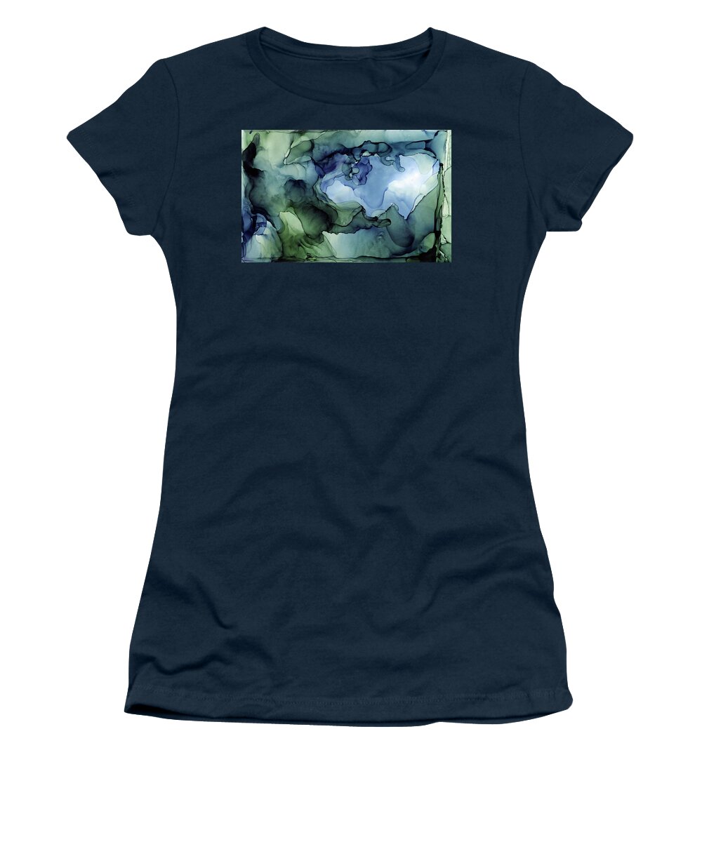 Ink Abstract Women's T-Shirt featuring the painting Ink Abstract Painting Blues Greens by Olga Shvartsur