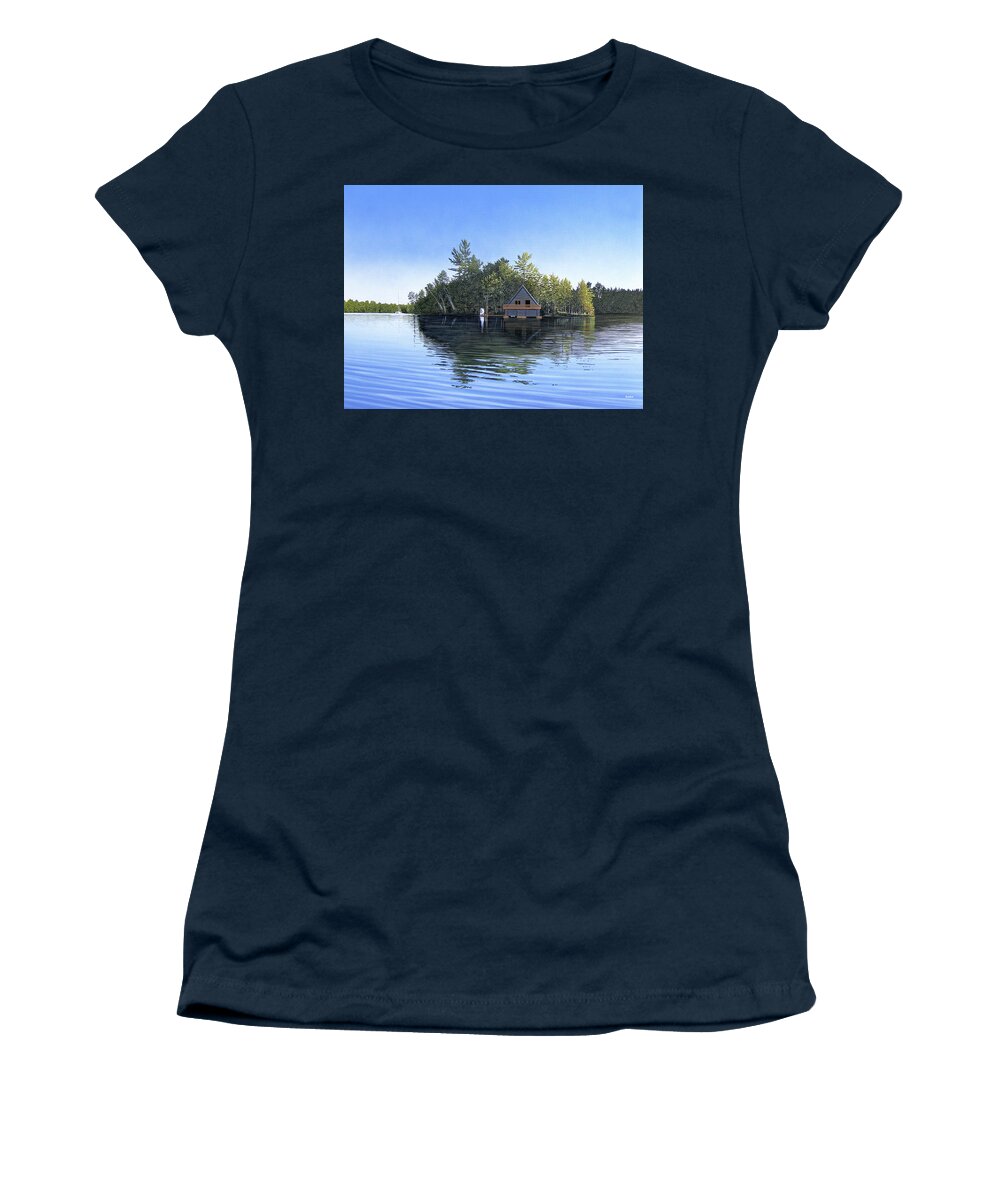 Lake Muskoka Women's T-Shirt featuring the painting Island Boathouse Muskoka by Kenneth M Kirsch