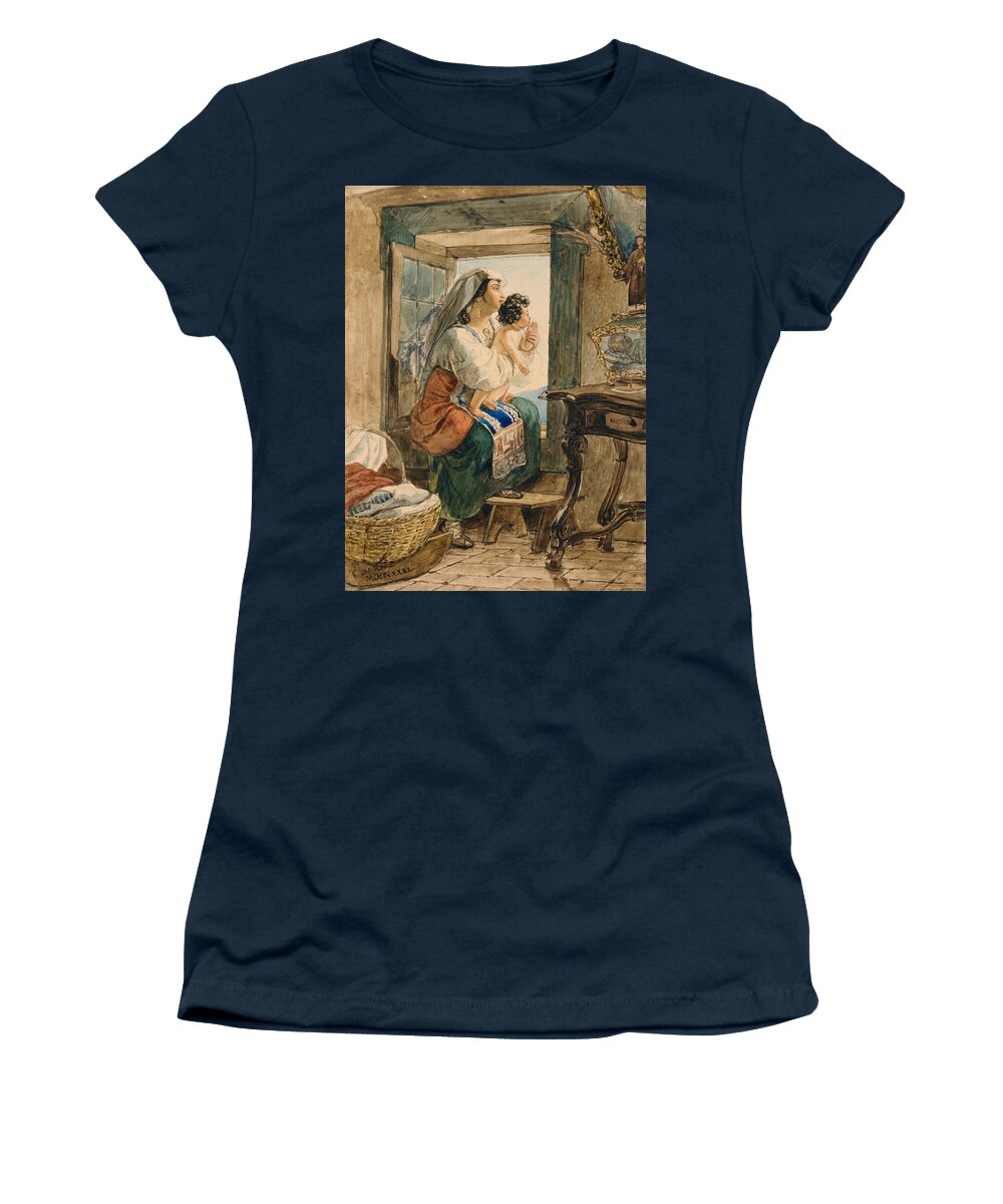 19th Century Art Women's T-Shirt featuring the drawing Italian Woman with Child at Window by Karl Bryullov