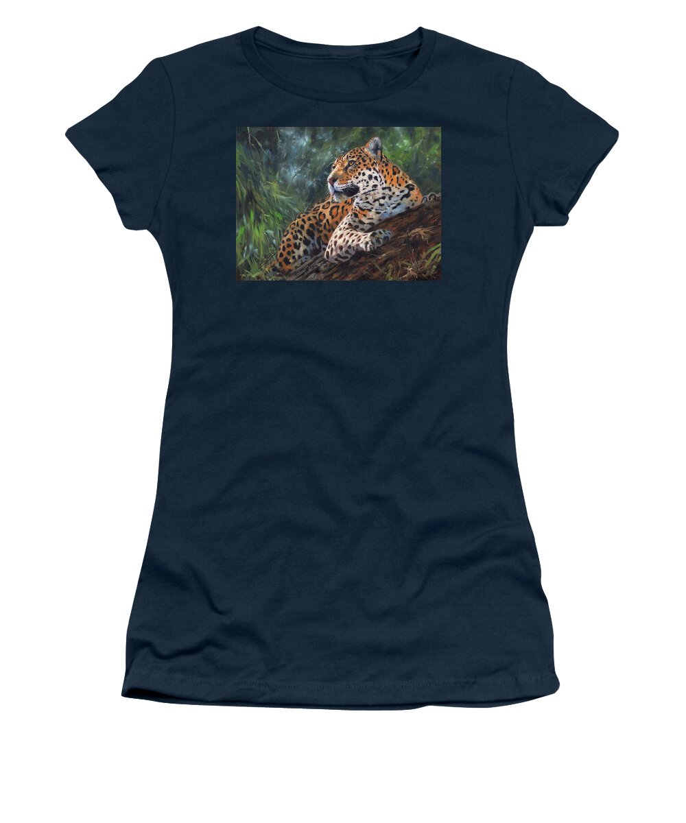 Jaguar Women's T-Shirt featuring the painting Jaguar In Tree by David Stribbling