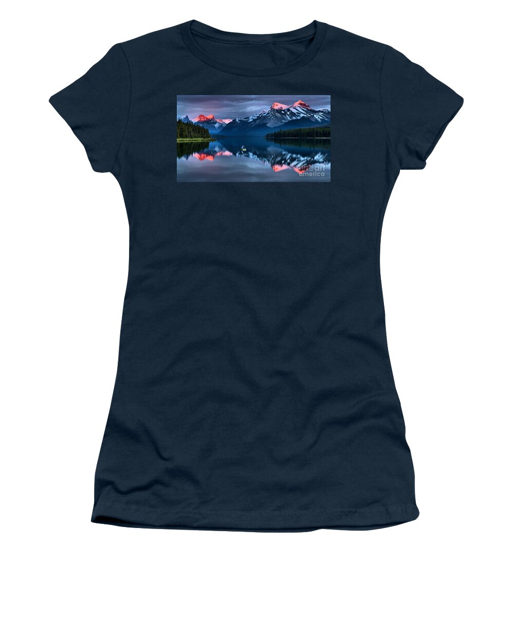 Maligne Lake Women's T-Shirt featuring the photograph Jasper Pink Peaks by Adam Jewell