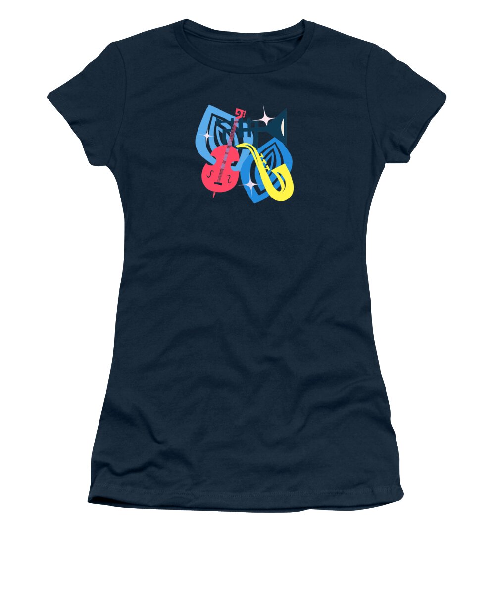 Painting Women's T-Shirt featuring the painting Jazz Composition With Bass, Saxophone And Trumpet by Little Bunny Sunshine