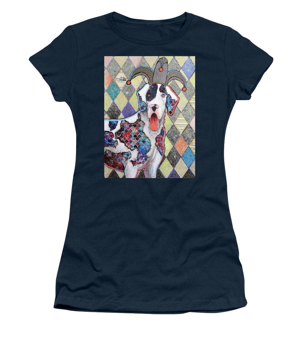 Harlequin Great Dane Women's T-Shirt featuring the painting Jest, I Surely Do by Ande Hall