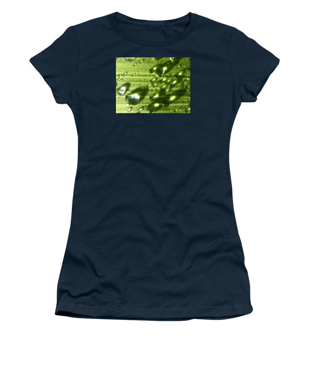 Water Drops Iris Leaf Sun Light Jewel Sparkling Garden Women's T-Shirt featuring the photograph Jewels by George Tuffy