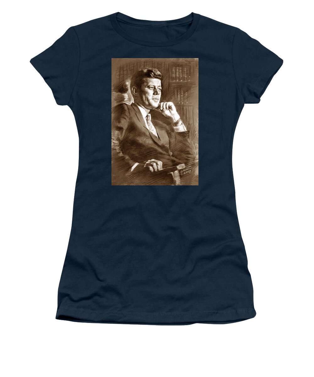 John Fitzgerald Kennedy Women's T-Shirt featuring the drawing John Fitzgerald Kennedy by Ylli Haruni
